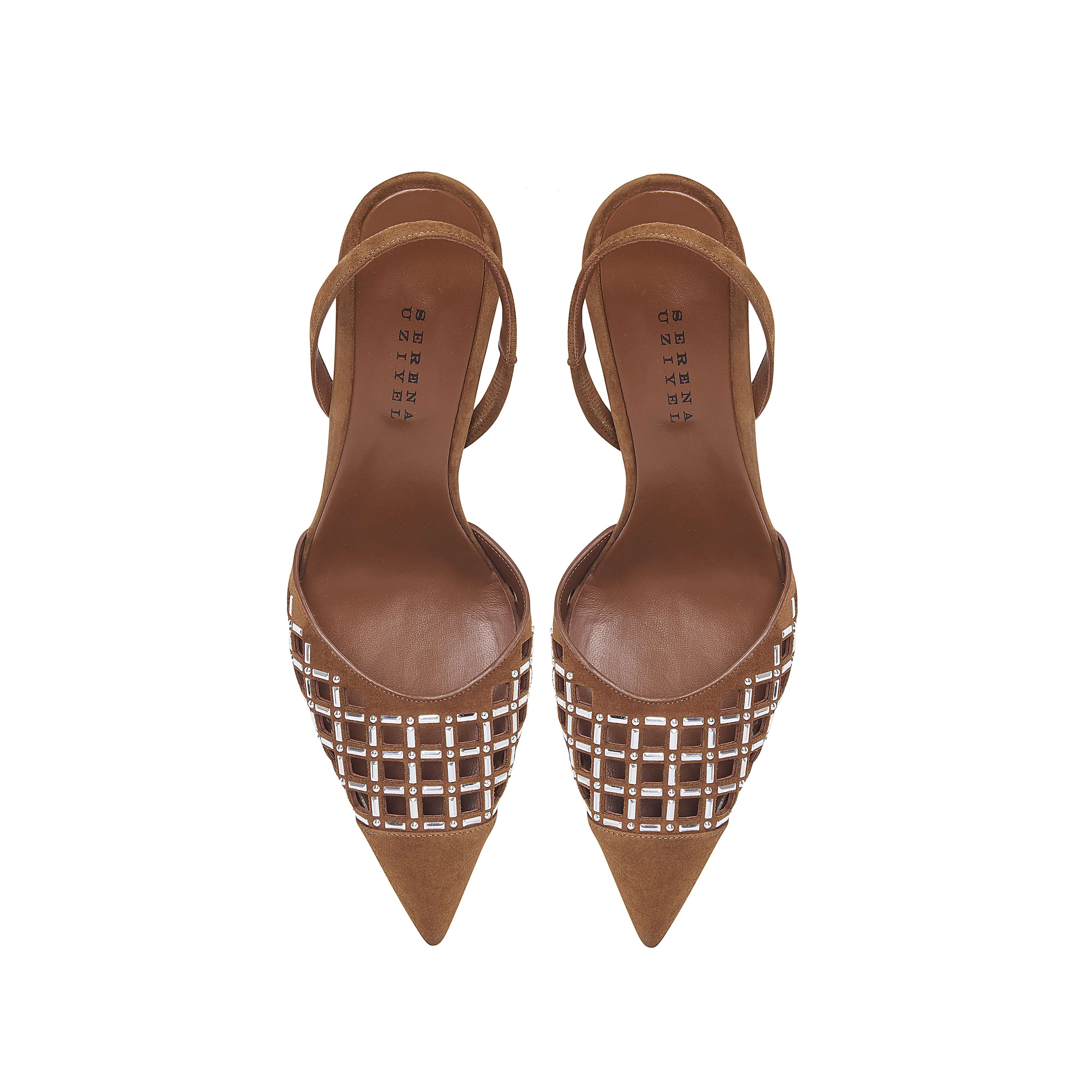 Elora Camello High-Heel Slingback Pump featuring a chic suede design and metallic detailing for sophisticated style.
