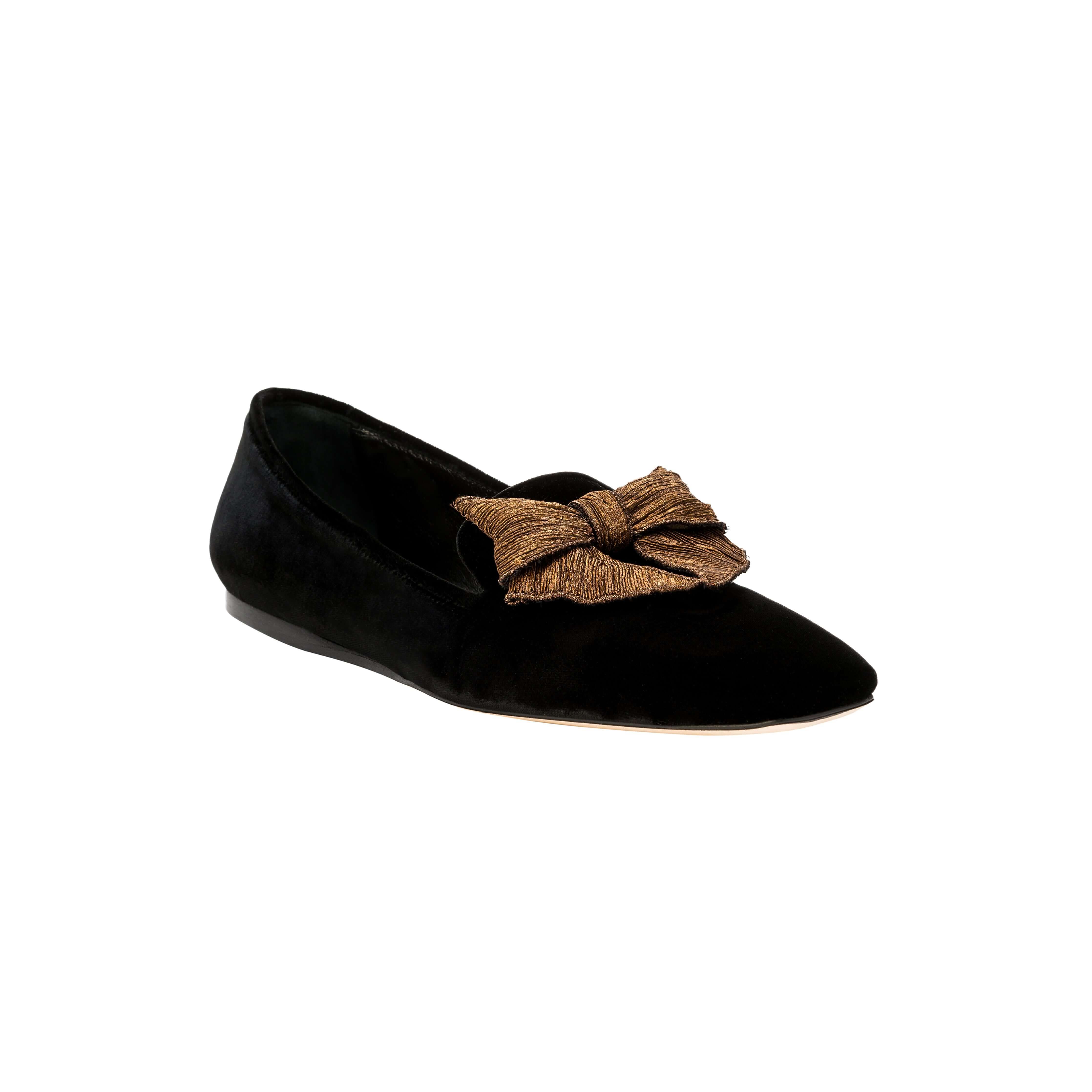 Fiocco Black Velvet Flat Moccasin featuring a chic antique gold bow for stylish comfort.