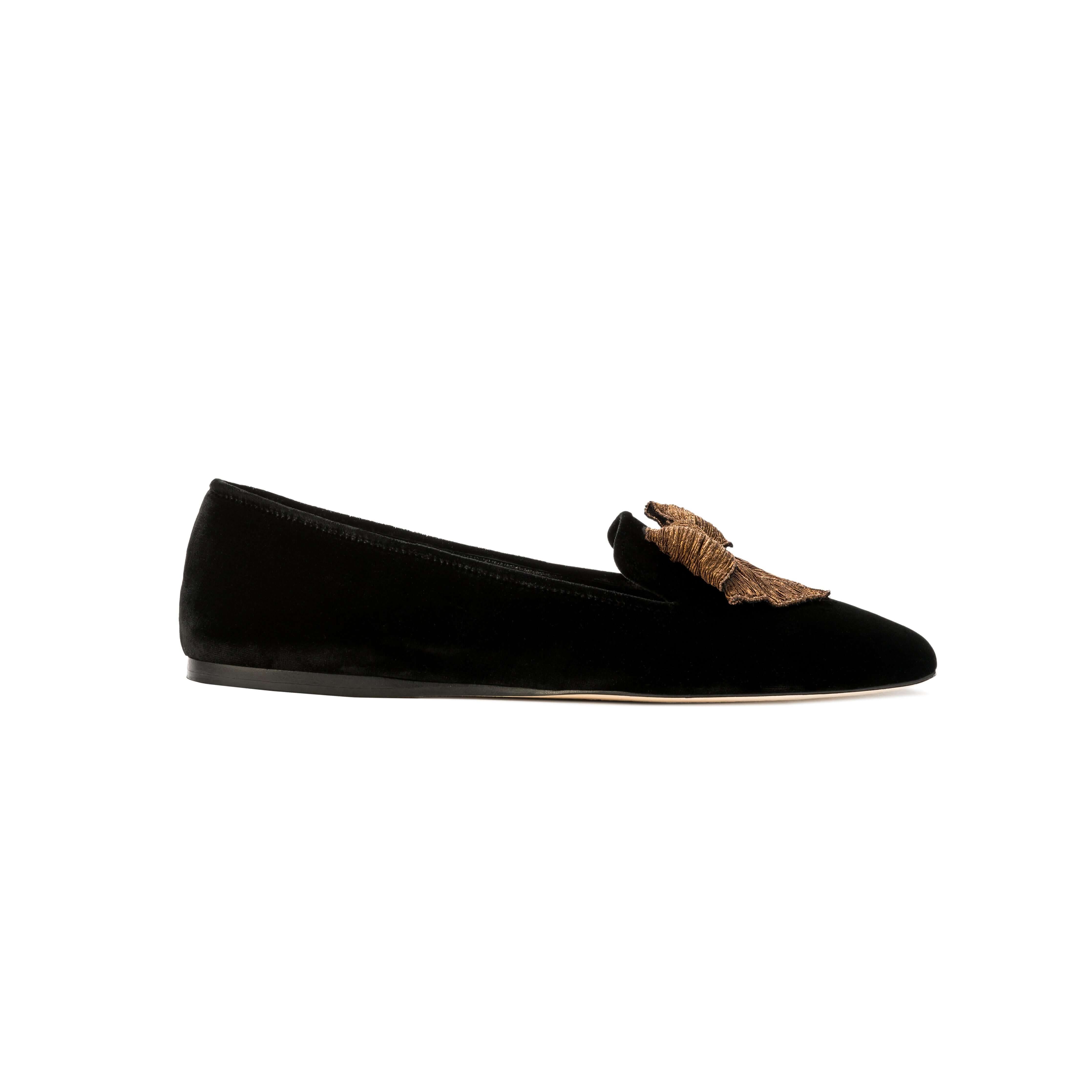 Fiocco black velvet flat moccasin with antique gold embroidery bow, handcrafted for comfort and style.