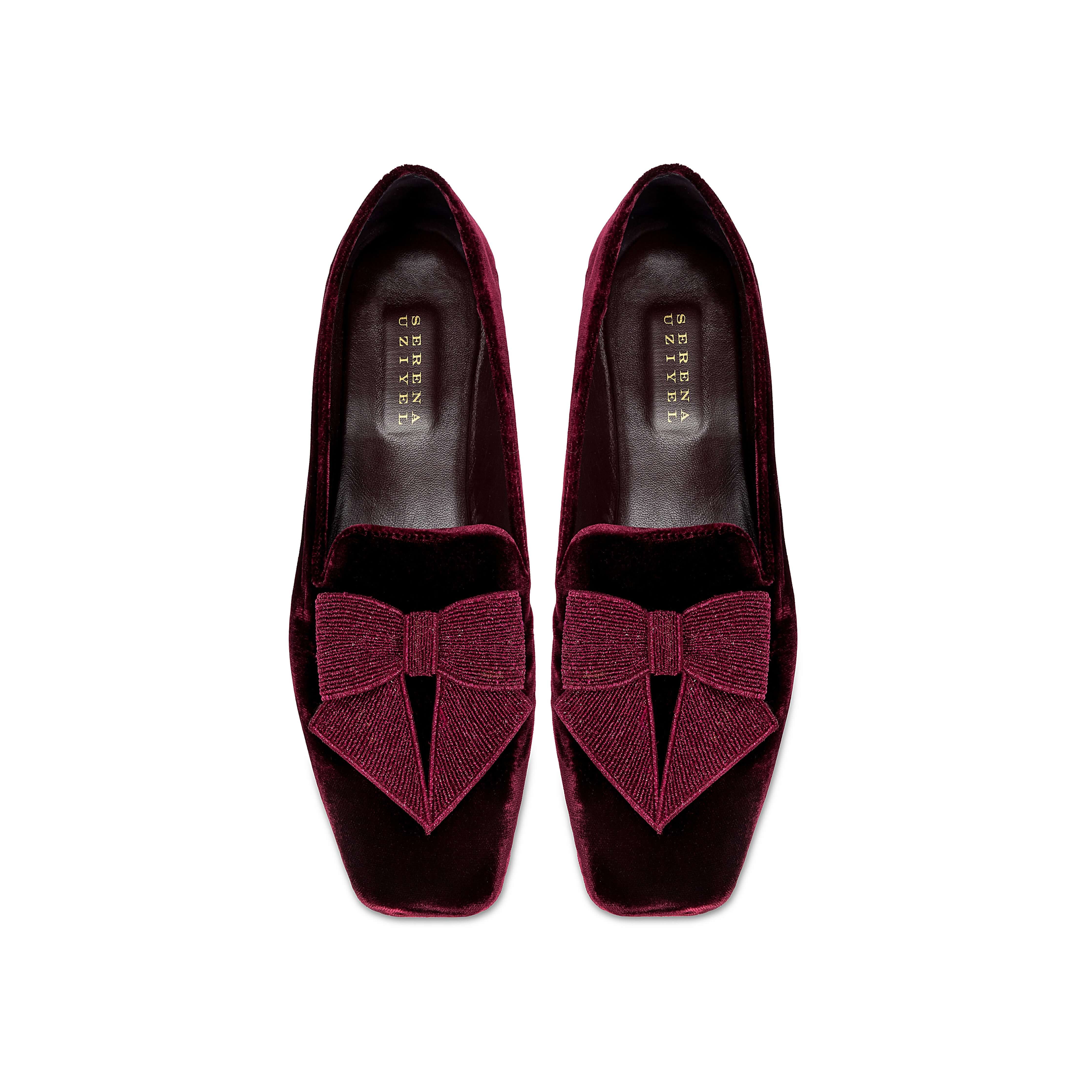 Fiocco burgundy flat moccasin with metallic embroidered bow, handcrafted for comfort and chic fall style.