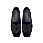 Fiocco Navy Flat Moccasin featuring elegant black embroidered bow on luxurious navy velvet, perfect for chic fall style.