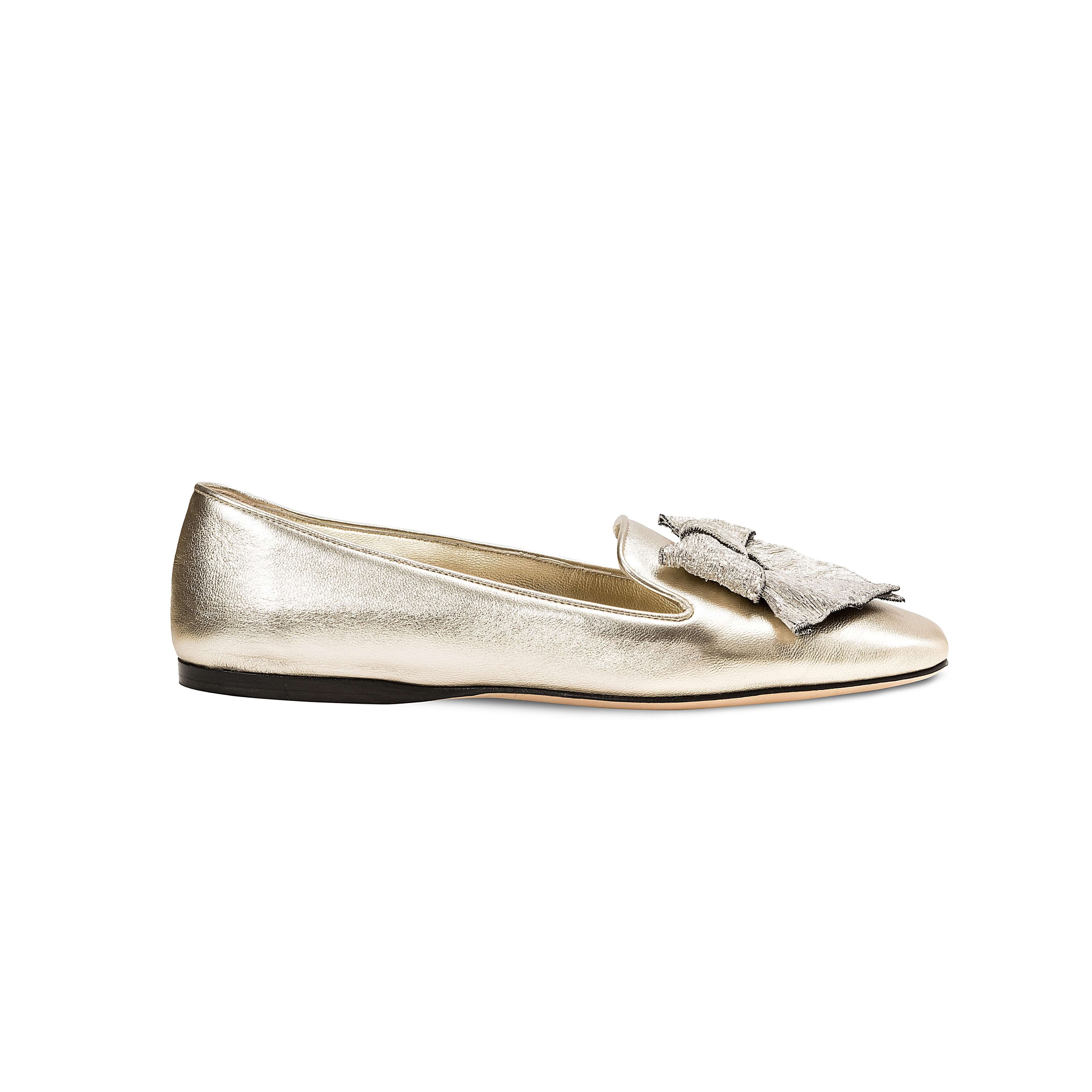 Fiocco Sahara Flat Moccasin in metallic leather with bow detail, designed for comfort and style this Fall.