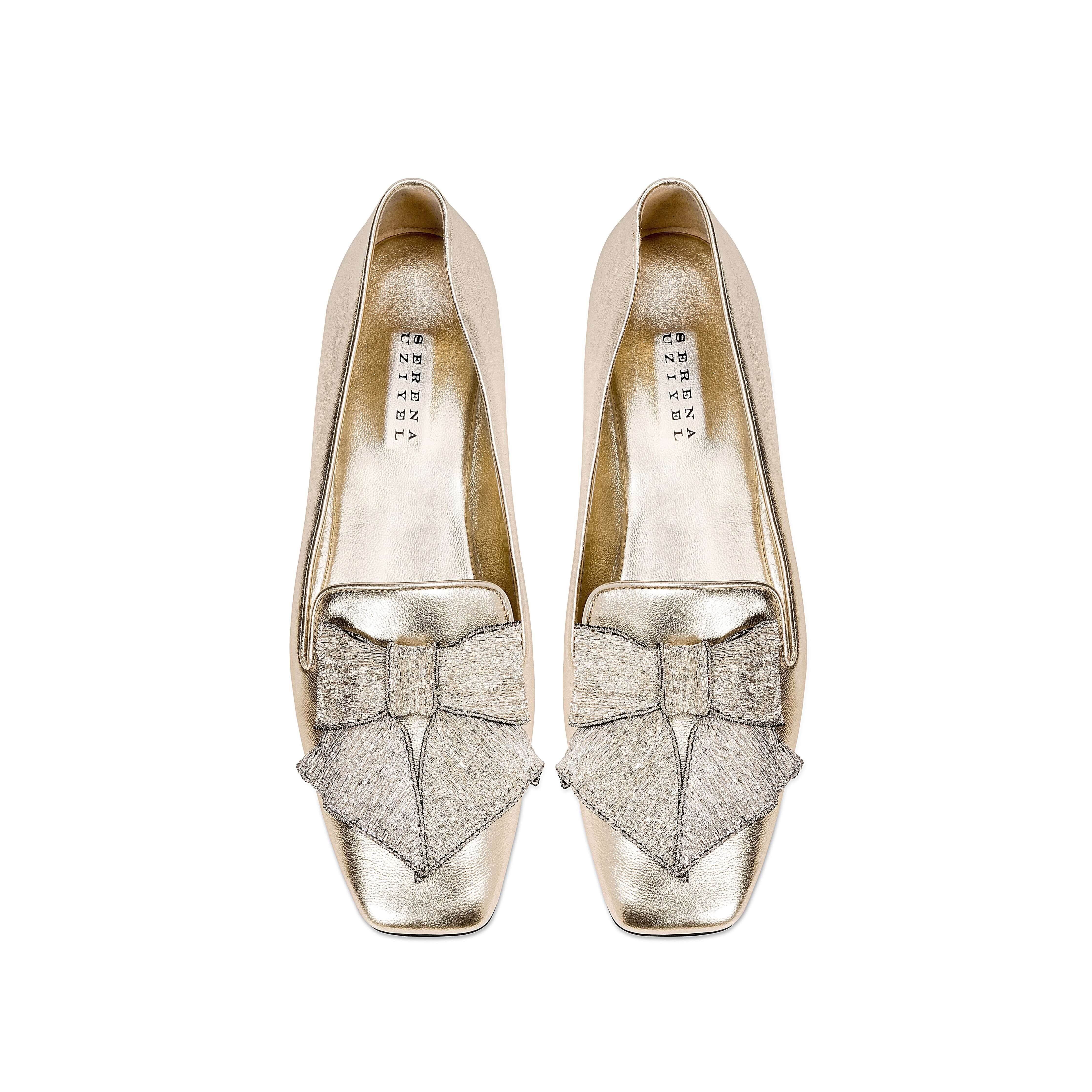 Fiocco Sahara Flat Moccasin featuring metallic leather and embroidered bow, a chic accessory for Fall.