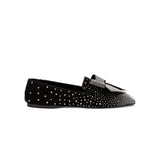 Fiocco Studs Flat Moccasin in black suede with crystal studs and a bow, perfect for chic winter styling.