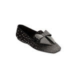 Fiocco Studs Flat Moccasin in black suede with crystal studs and a flamboyant bow, perfect for chic winter outfits.