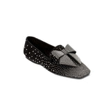 Fiocco Studs Flat Moccasin in black suede with crystal studs and a flamboyant bow, perfect for chic winter outfits.