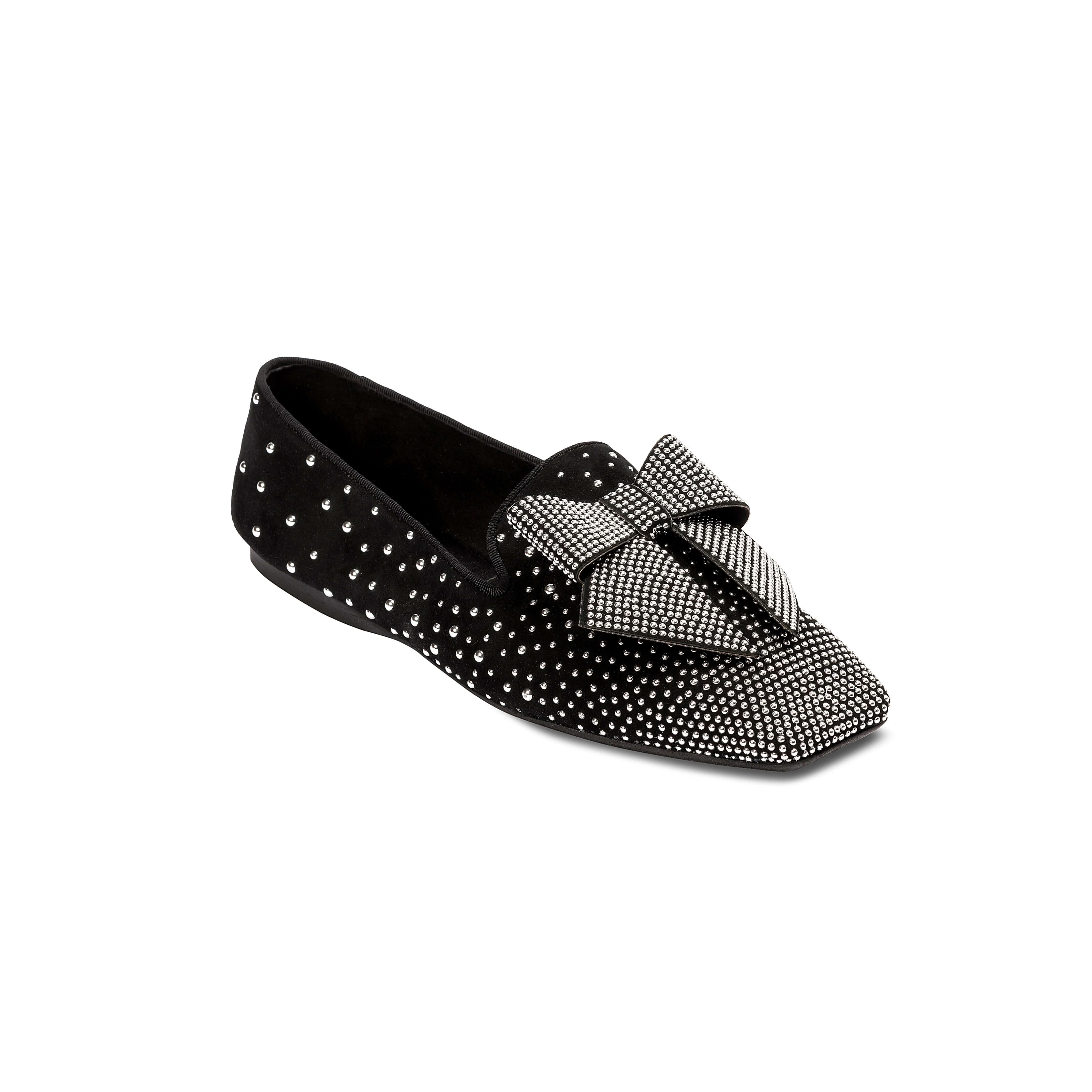 Fiocco Studs Flat Moccasin in black suede with crystal studs and a flamboyant bow, perfect for chic winter outfits.
