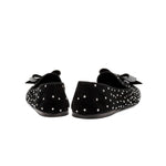 Rear view of Fiocco Studs Flat Moccasin in black suede, adorned with sparkling crystal studs and a studded bow.