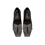Fiocco Studs Flat Moccasin in black suede with crystal studs and a studded bow, ideal for chic winter styling.