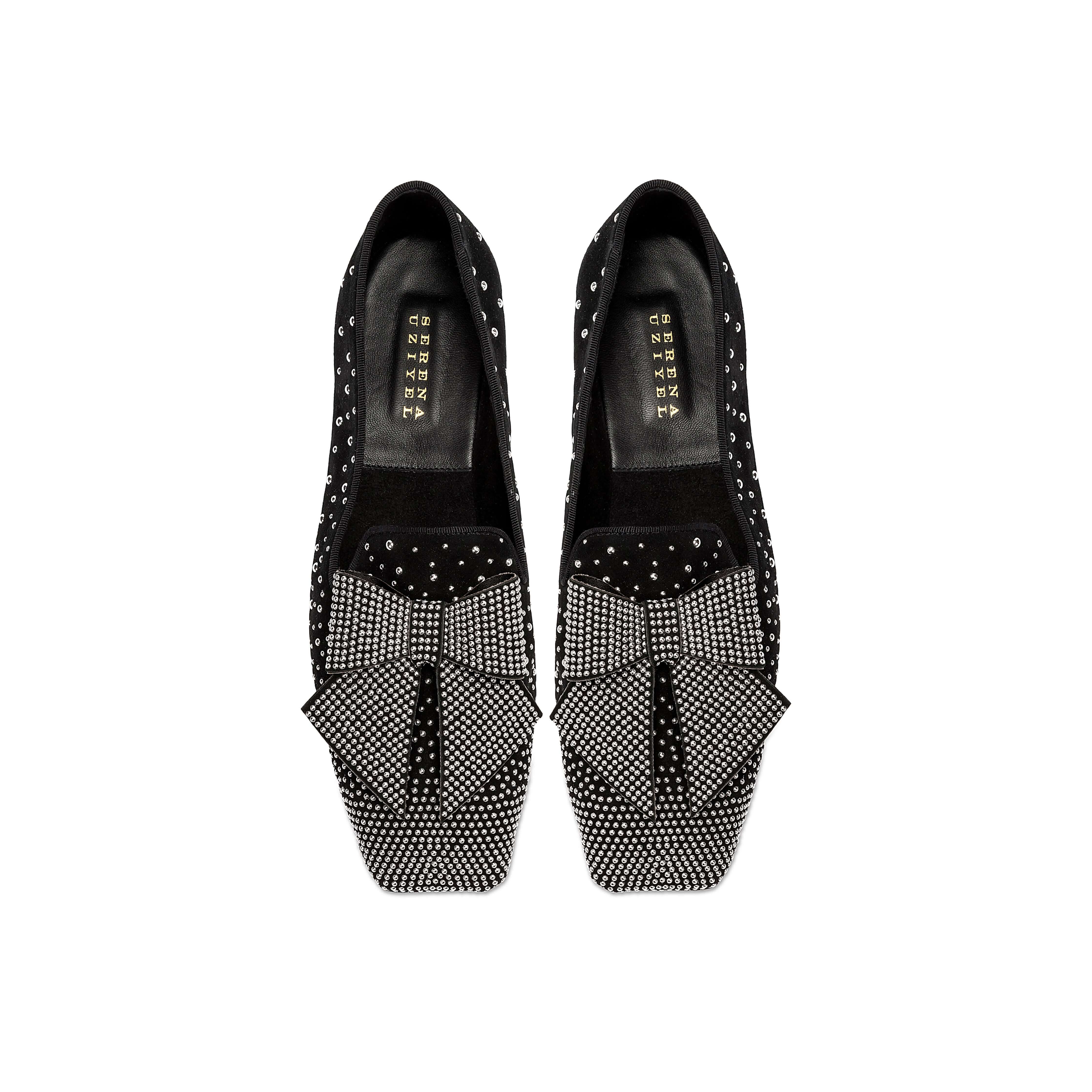 Fiocco Studs Flat Moccasin in black suede with crystal studs and a studded bow, ideal for chic winter styling.