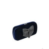 Fiocco Velvet Clutch in navy with metallic silver bow, perfect for elegant evening looks.