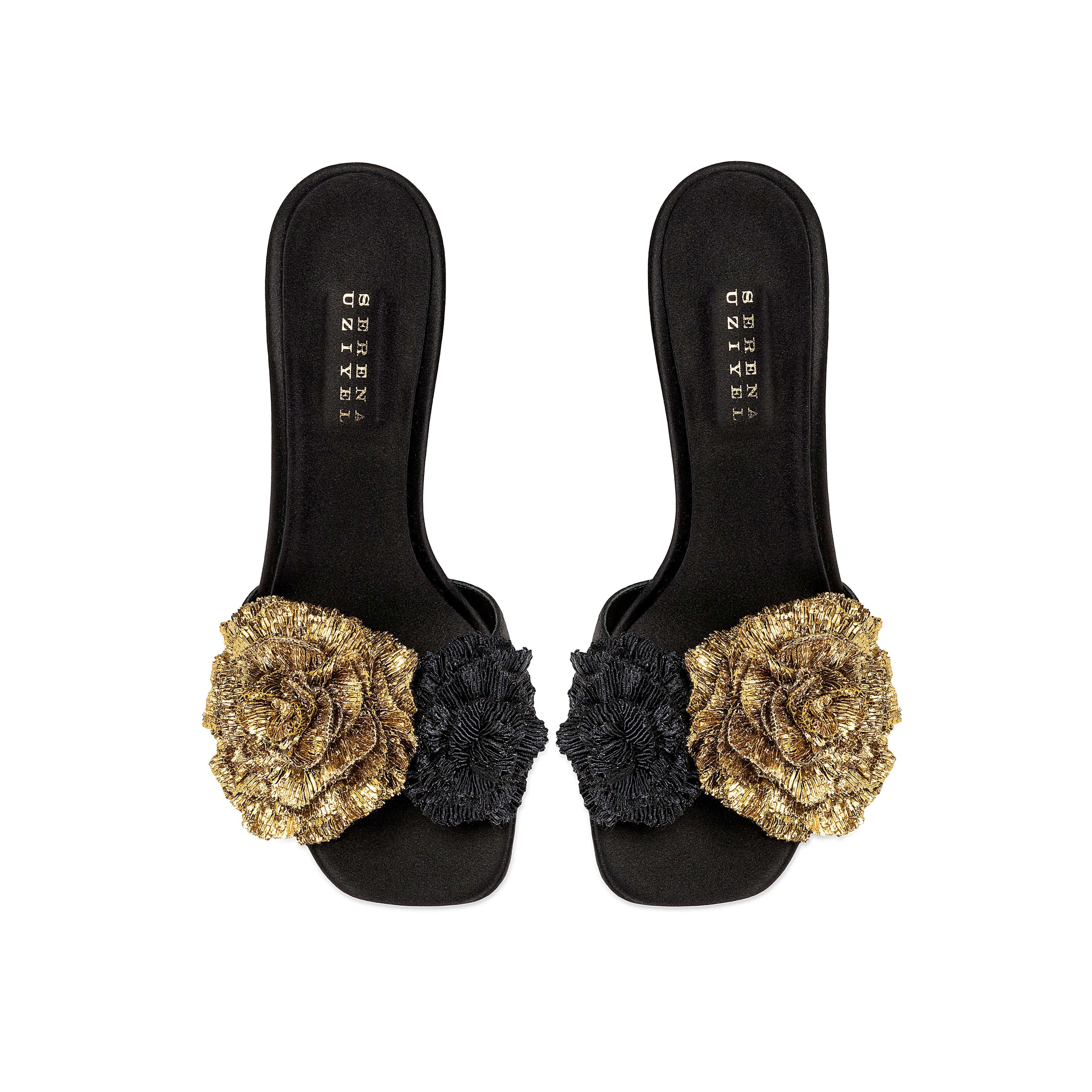 Lavinia Black High-Heel Sandal featuring signature Florette embellishments, combining flamboyance and craftsmanship.