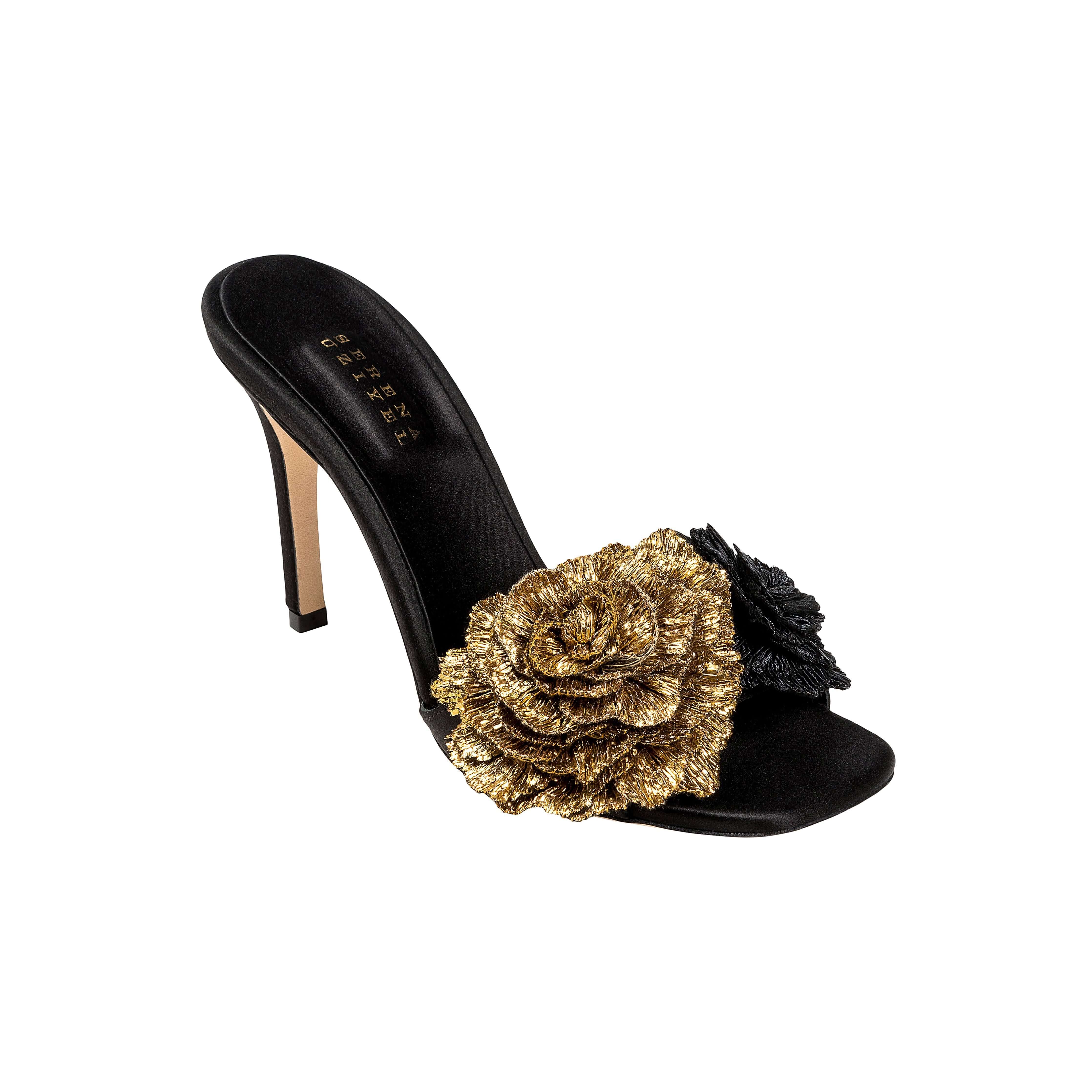 Lavinia Black High-Heel Sandal with gold and black floral embellishments, a statement of elegance and craftsmanship.