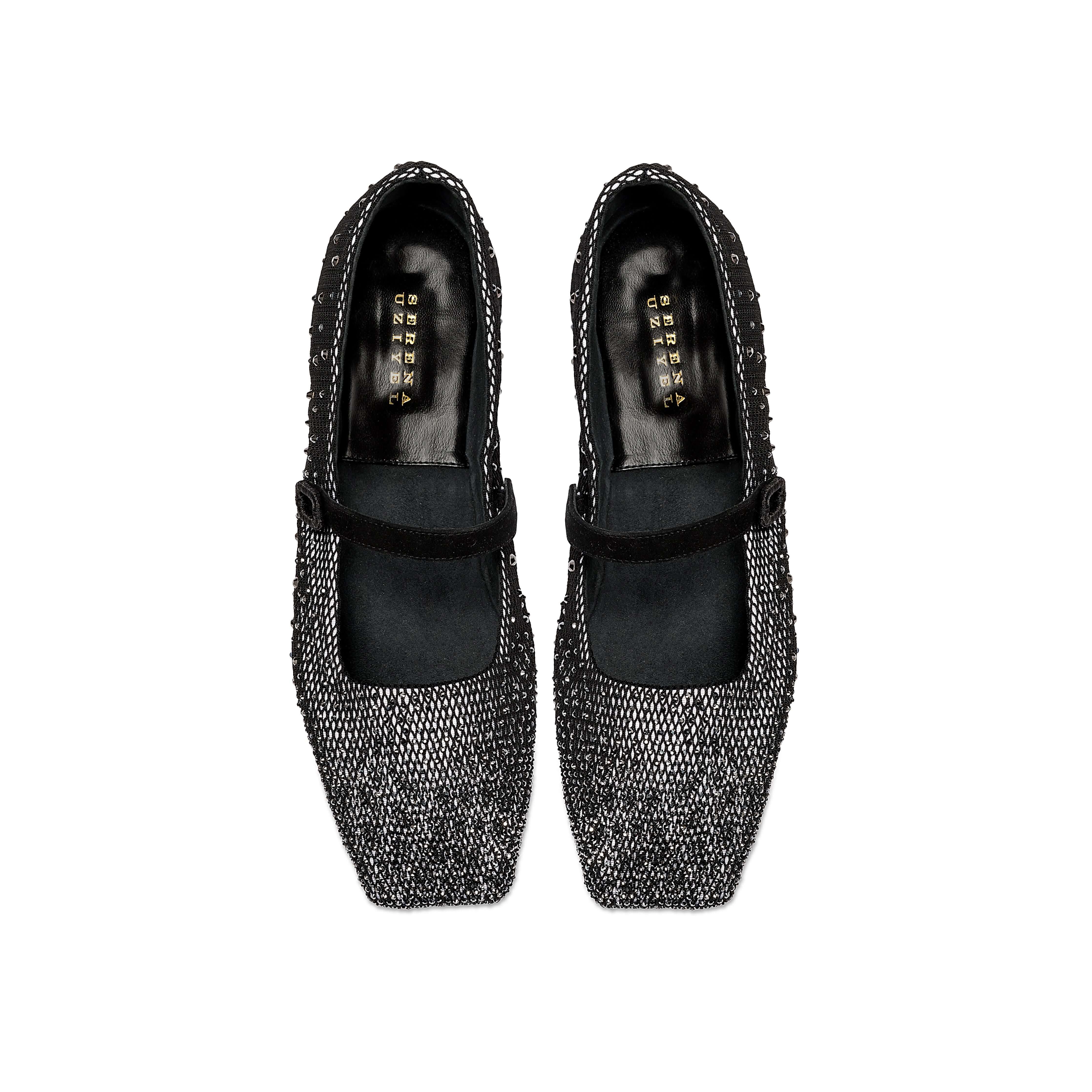 Lumina Crystal Black Flat Ballerina shoes, elegantly square-toed, adorned with crystals and a stylish strap, handcrafted in Italy.