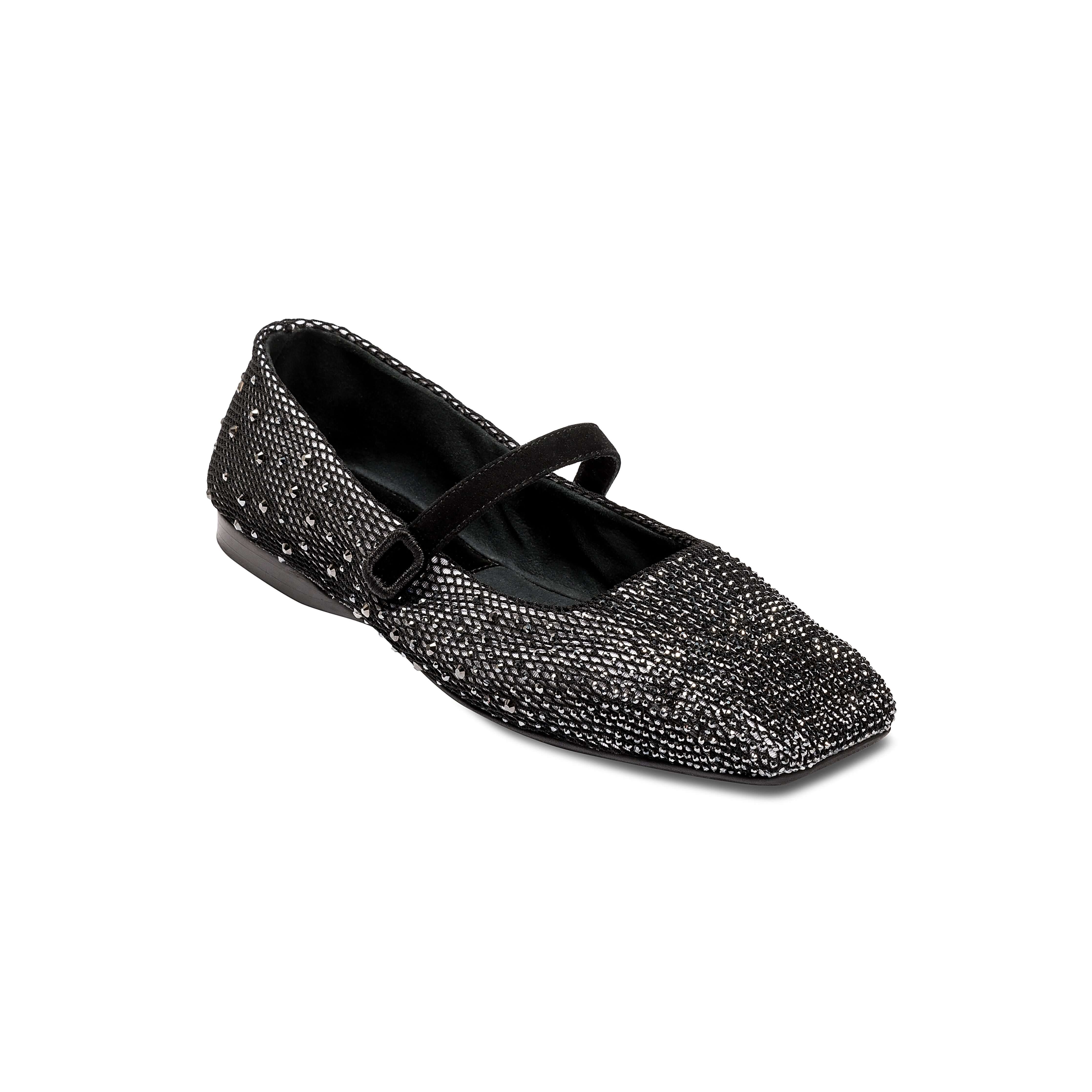 Charming Lumina Crystal Black Flat Ballerina with square toe and sparkling crystals, handcrafted in Italy.