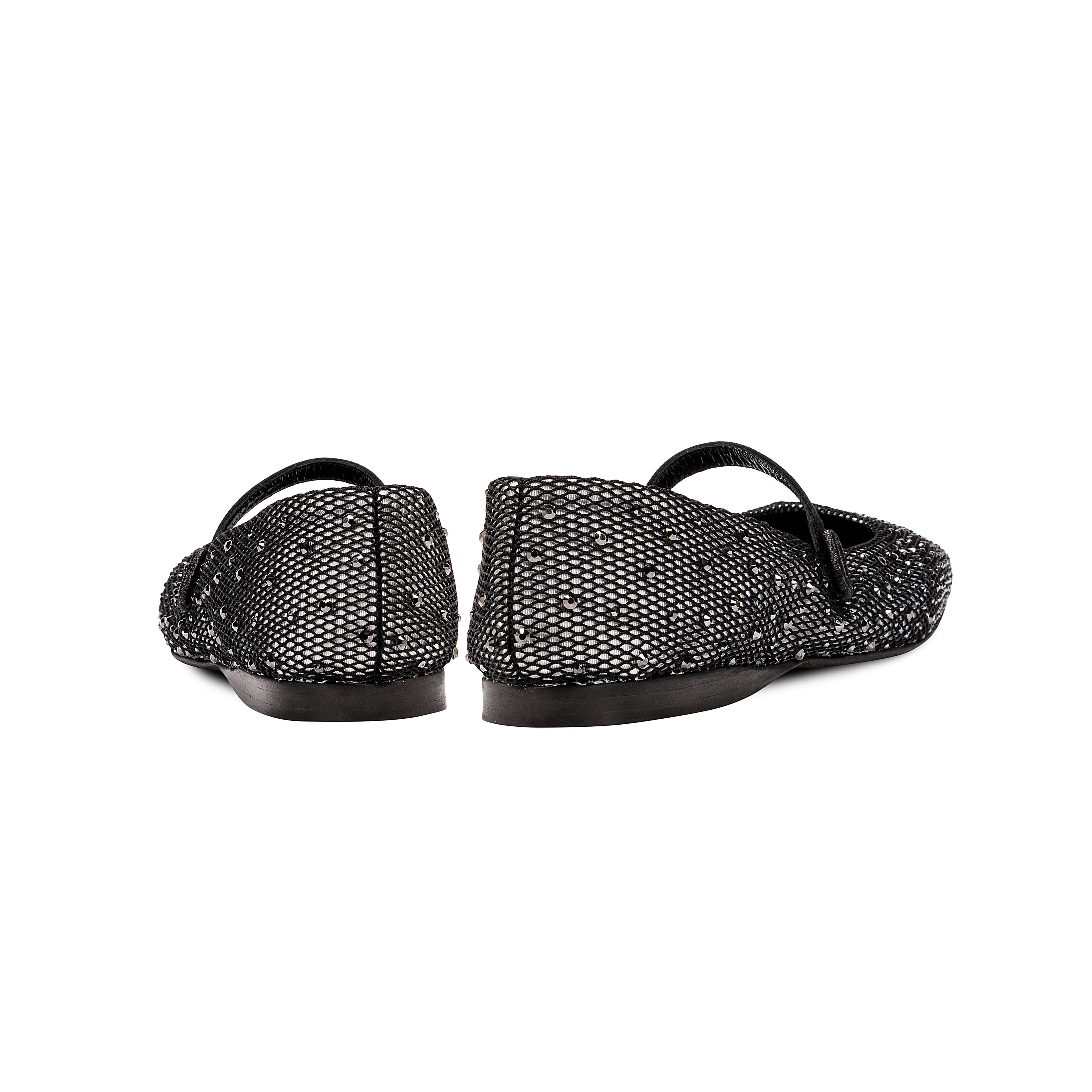 Back view of Lumina Crystal Black Flat Ballerina shoes with sparkling mesh and slim strap, handcrafted in Italy.