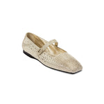 Lumina Crystal Gold Flat Ballerina, elegant square-toed Mary Jane flats with sparkly crystals and metallic catena chain.