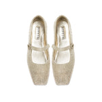 Lumina Crystal Gold Flat Ballerina shoes, elegantly designed square-toed Mary Janes with sparkling crystals, handcrafted in Italy.
