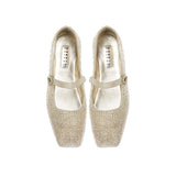 Lumina Crystal Gold Flat Ballerina shoes, elegantly designed square-toed Mary Janes with sparkling crystals, handcrafted in Italy.