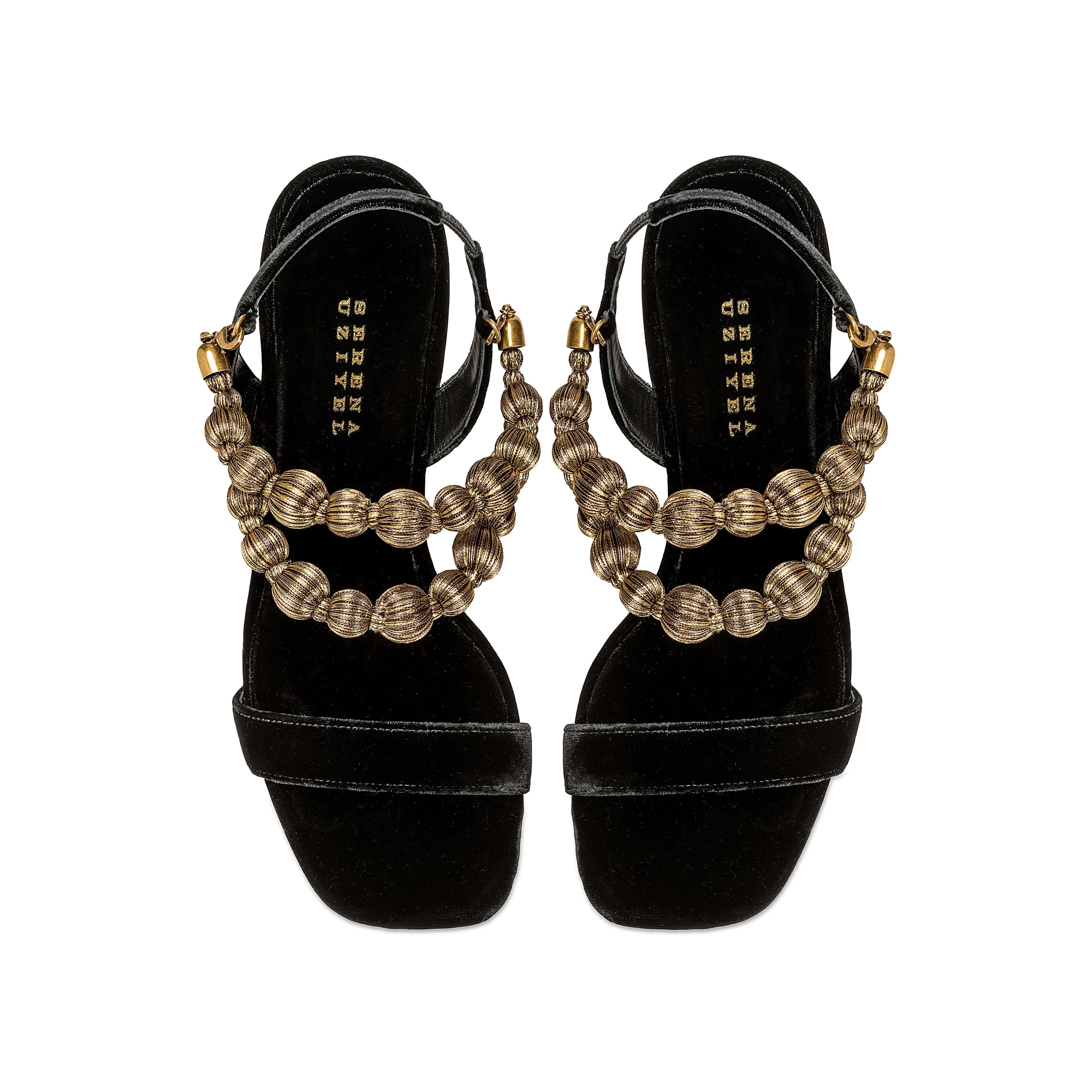 Lyra Black High-Heel Sandals in Italian velvet with golden handwoven embellishments and 90mm stiletto heels.