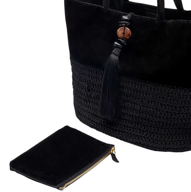 Melita Black Large Tote Bag with crochet detailing and tassel, accompanied by a sleek black pouch.