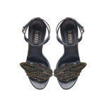 Mirales Black High-Heel Ankle Cross Sandal with stylish leaf detailing and adjustable ankle strap.