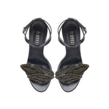 Mirales Black High-Heel Ankle Cross Sandal with stylish leaf detailing and adjustable ankle strap.