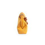 Petra Mustard pouch bag showcasing its stylish design and unique rope handle from a side view.