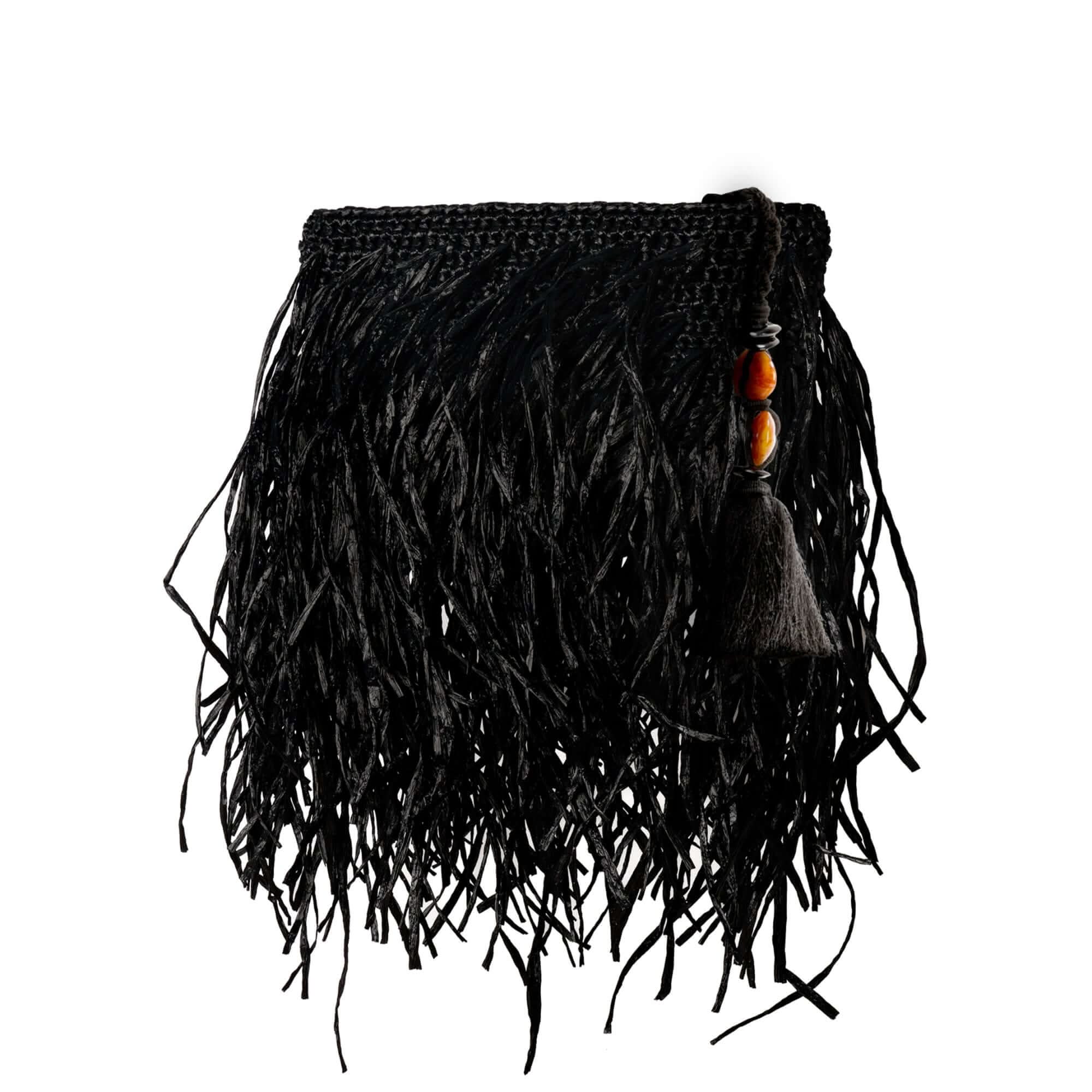 Phedora Black Clutch featuring raffia and stone design in black and almond with decorative tassel and bead accents.