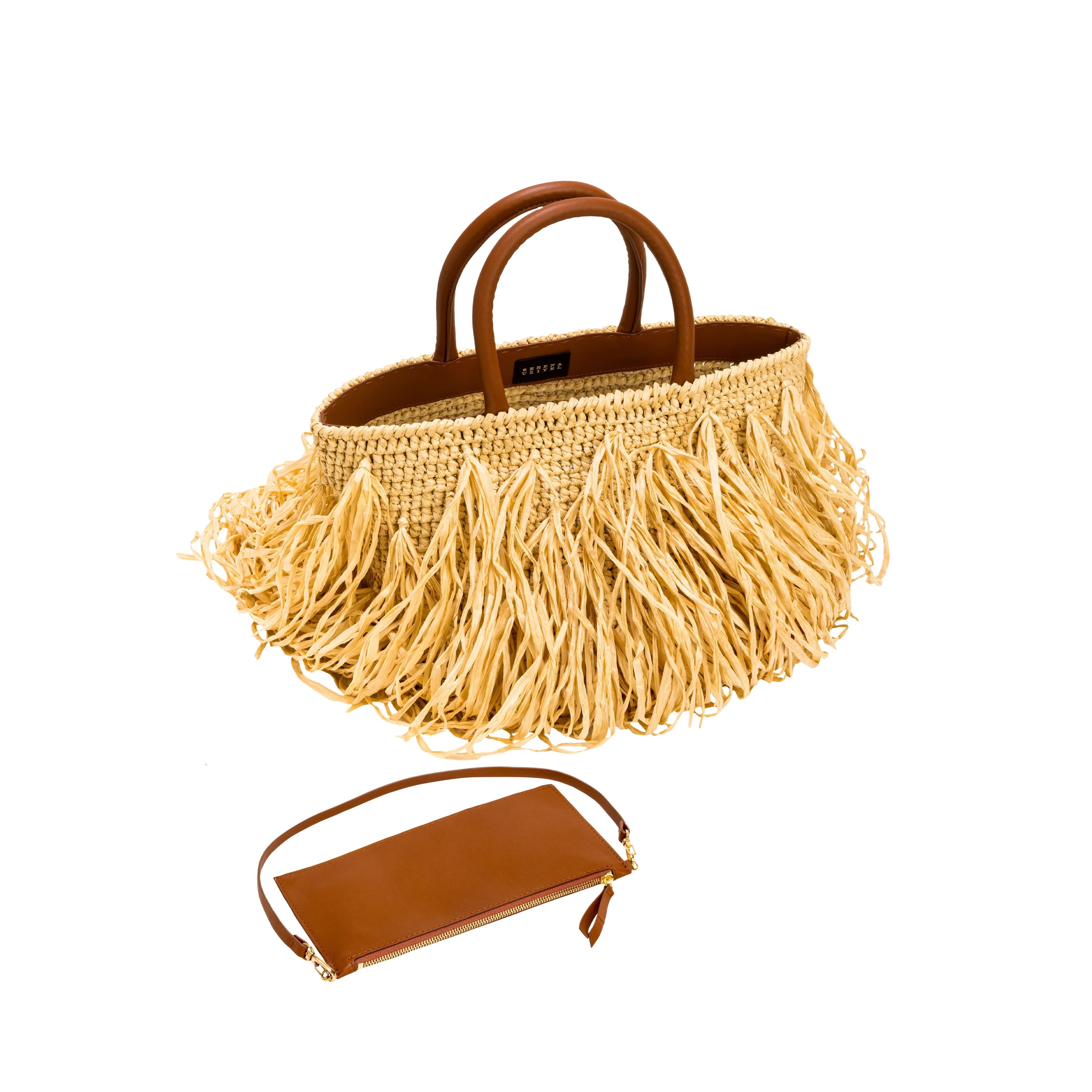 Phedora Natural Large Tote Bag featuring a stylish fringed design and a coordinating small brown pouch.