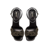 Rhea Black Ankle Cross Sandal featuring smooth leather and a crochet knotted front detail.
