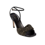 Rhea Black Ankle Cross Sandal featuring black leather, crochet details, and a stylish ankle strap.