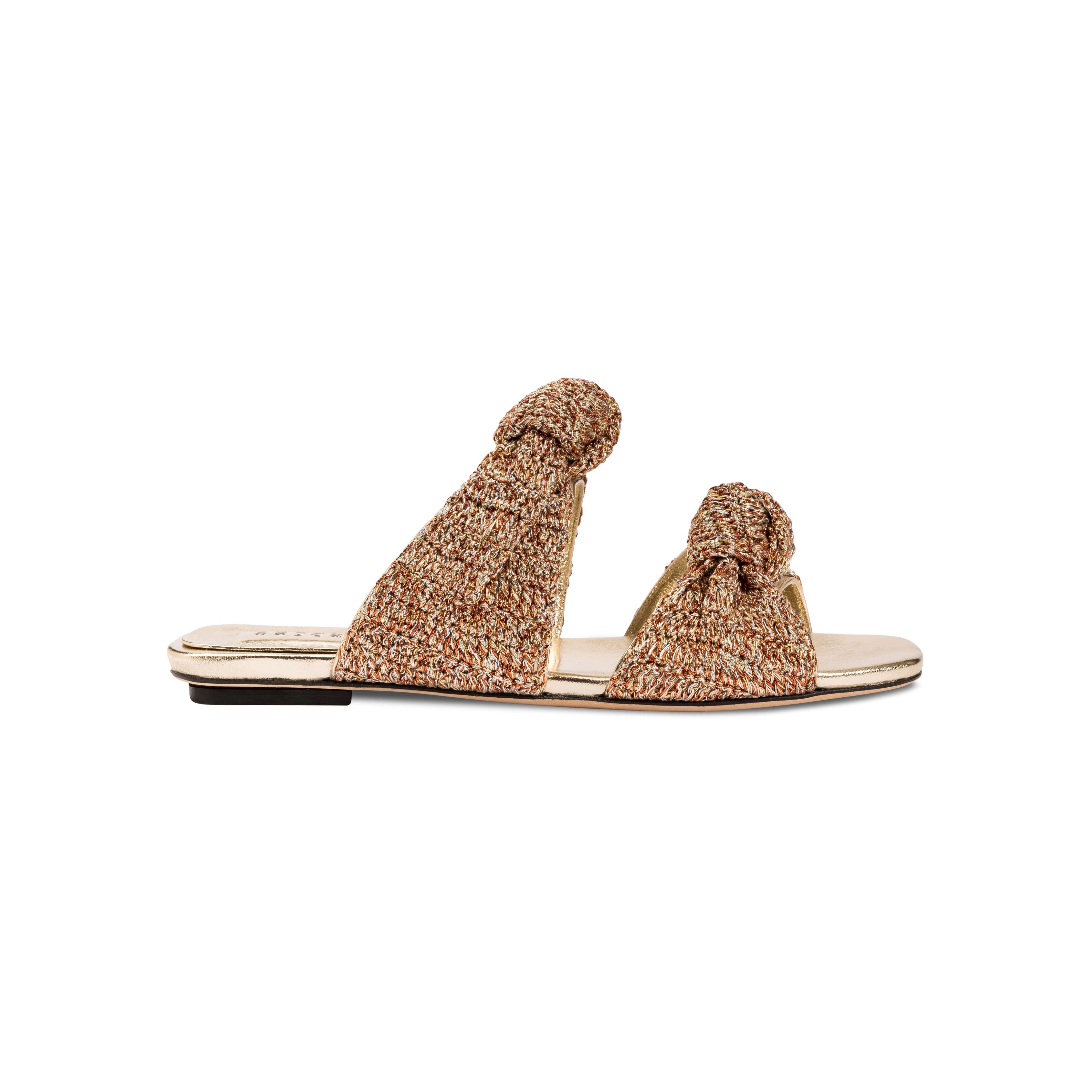 Rhea Sahara 2 Knot Sandal featuring artisanal crochet straps in Sahara Mix, blending elegance with comfort.
