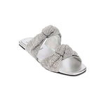 Rhea Silver 2 Knots Sandal featuring knotted crochet leather straps and cushioned insole, embodying elegance and craftsmanship.