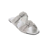 Rhea Silver 2 Knots Sandal featuring knotted crochet leather straps and cushioned insole, embodying elegance and craftsmanship.