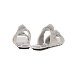 Back view of Rhea Silver Two-Strap Flat Sandal featuring knotted crochet leather straps and cushioned leather insole.