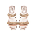 Ronda Blush Two Strap Flat Sandal with metallic braiding, elegant blush and silver tones, and refined block heel.