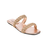 Ronda Blush Two Strap Flat Sandal features metallic braiding with block heel, perfect for day to evening wear.