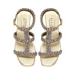 Ronda Gold Flat Gladiator Sandals with multi-colored woven metallic rope pattern, ideal for summer outings.