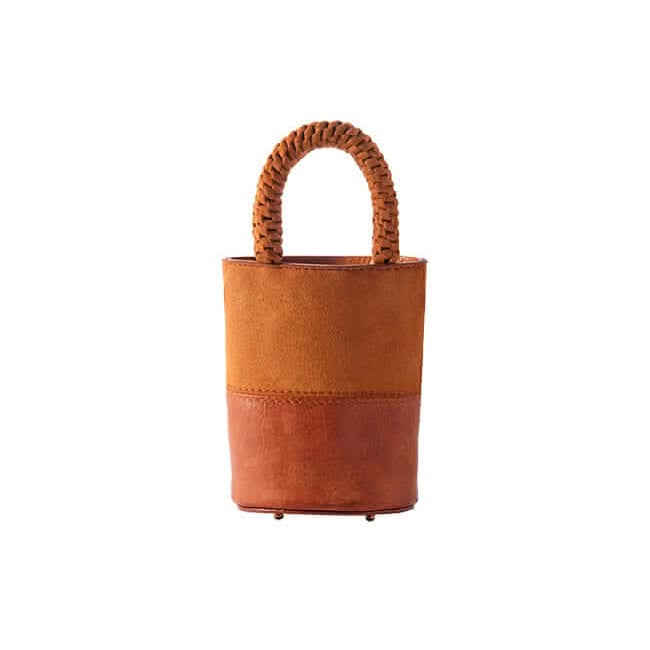 Rovena Camello Mini Bucket Bag in tan leather with braided handle, perfect for stylish outings and accessories.