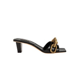 Elegant Catena Black Mid-Heel Sandal featuring gold chain link embroidery on the toe strap, crafted from Italian leather.