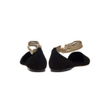 Sienna Black Flat Ballerina shoes featuring a suede design and chainlink anklet for elegance and comfort.