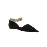 Sienna Black Flat Ballerina with chainlink anklet and suede construction for comfort and elegance.