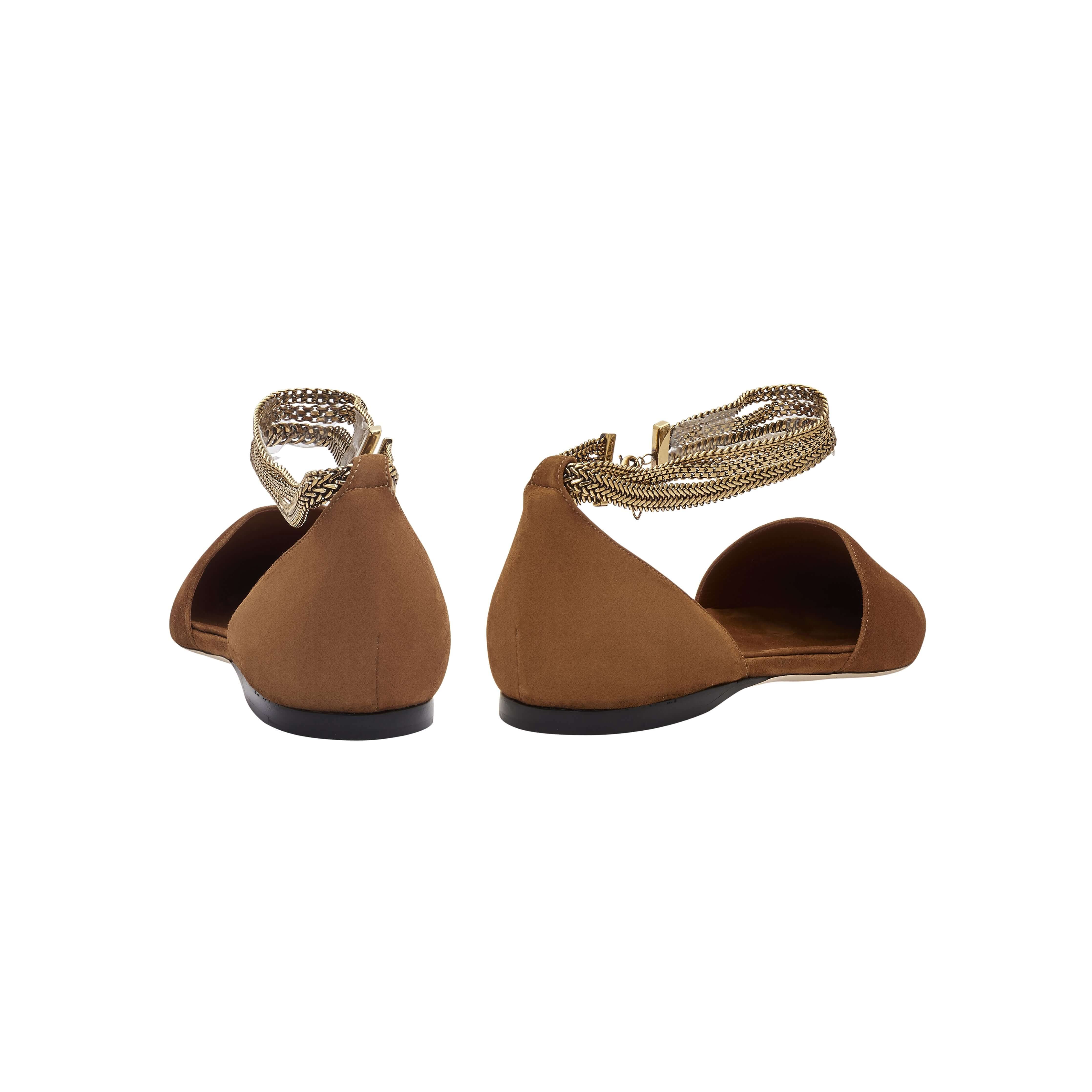 Sienna Camello Flat Ballerina shoes with suede design and chainlink anklet for elegant comfort.