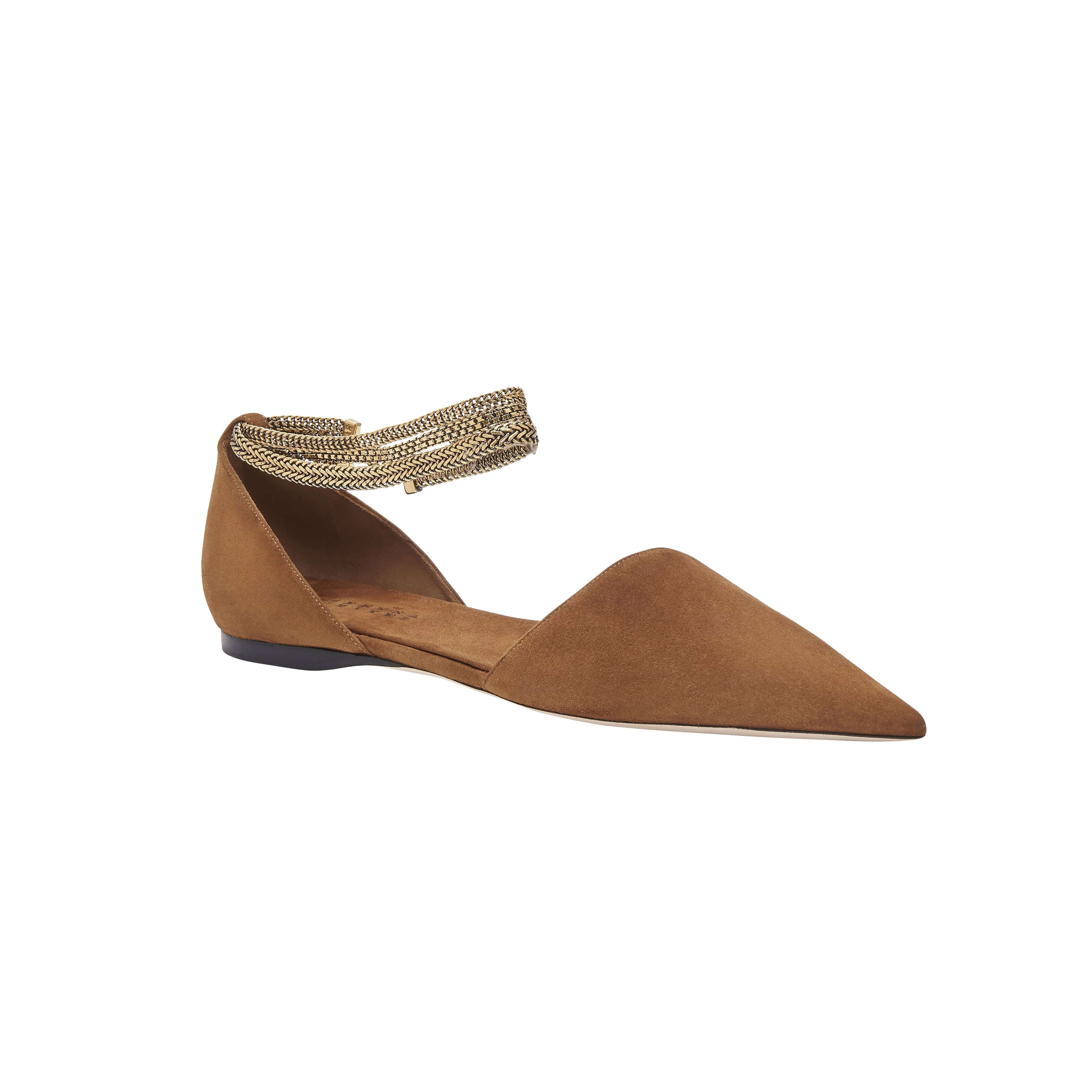 Elegant Sienna Camello Flat Ballerina with chainlink anklet, showcasing suede comfort and sophisticated style.