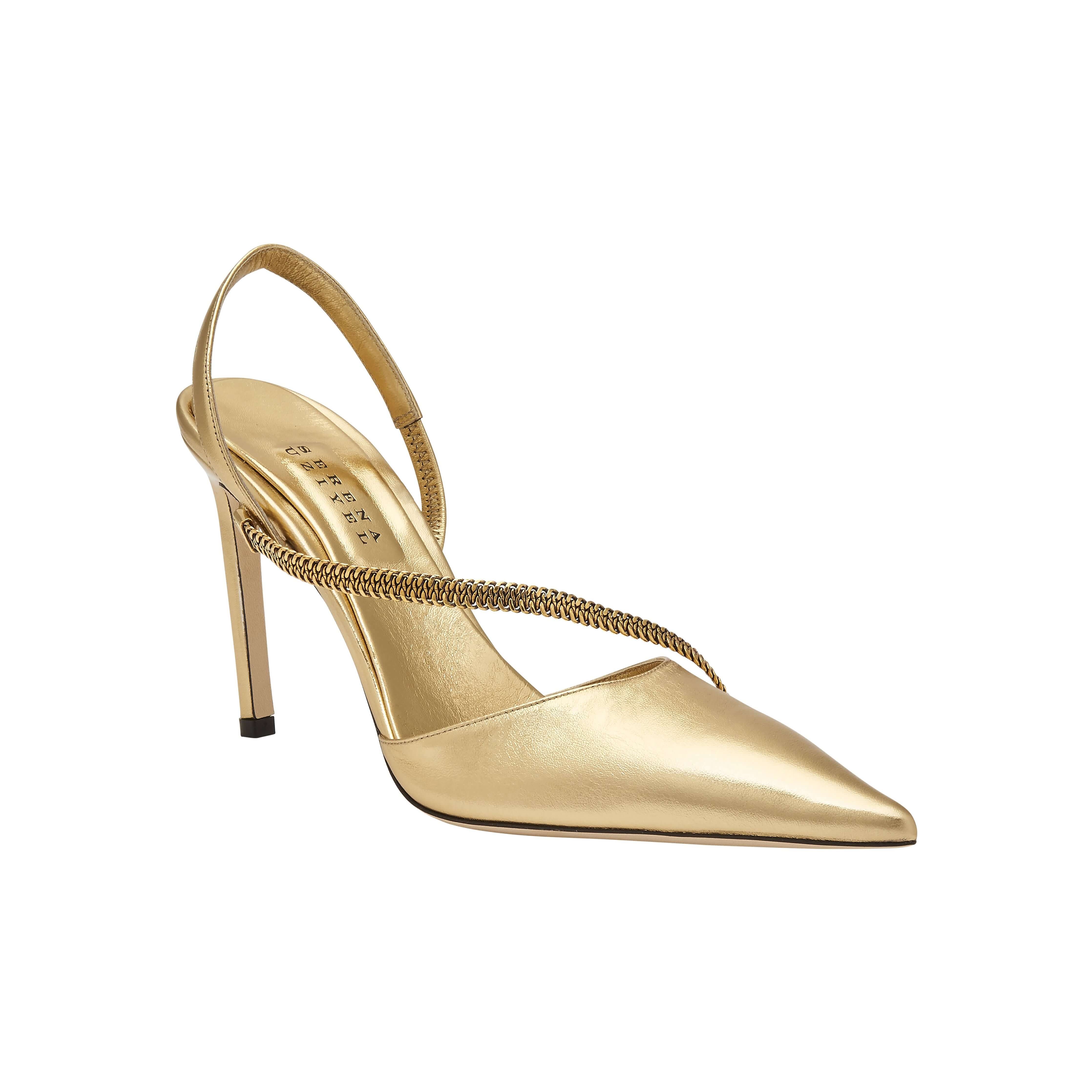 Sienna Gold High-Heel Slingback Pump with chainlink embellishment, perfect for elegant evening wear.