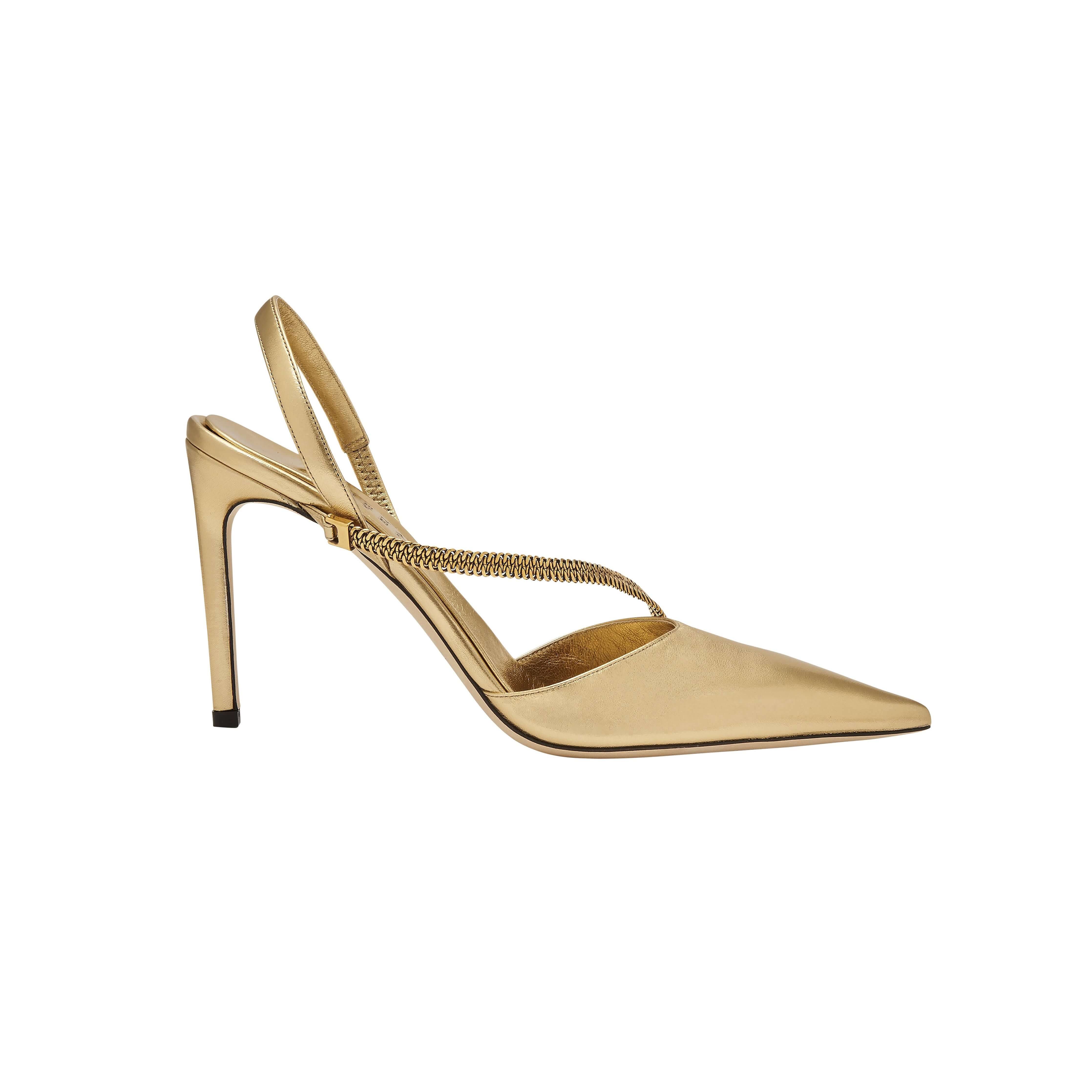 Sienna Gold High-Heel Slingback Pump with chainlink embellishment, perfect for evening wear and elegant occasions.