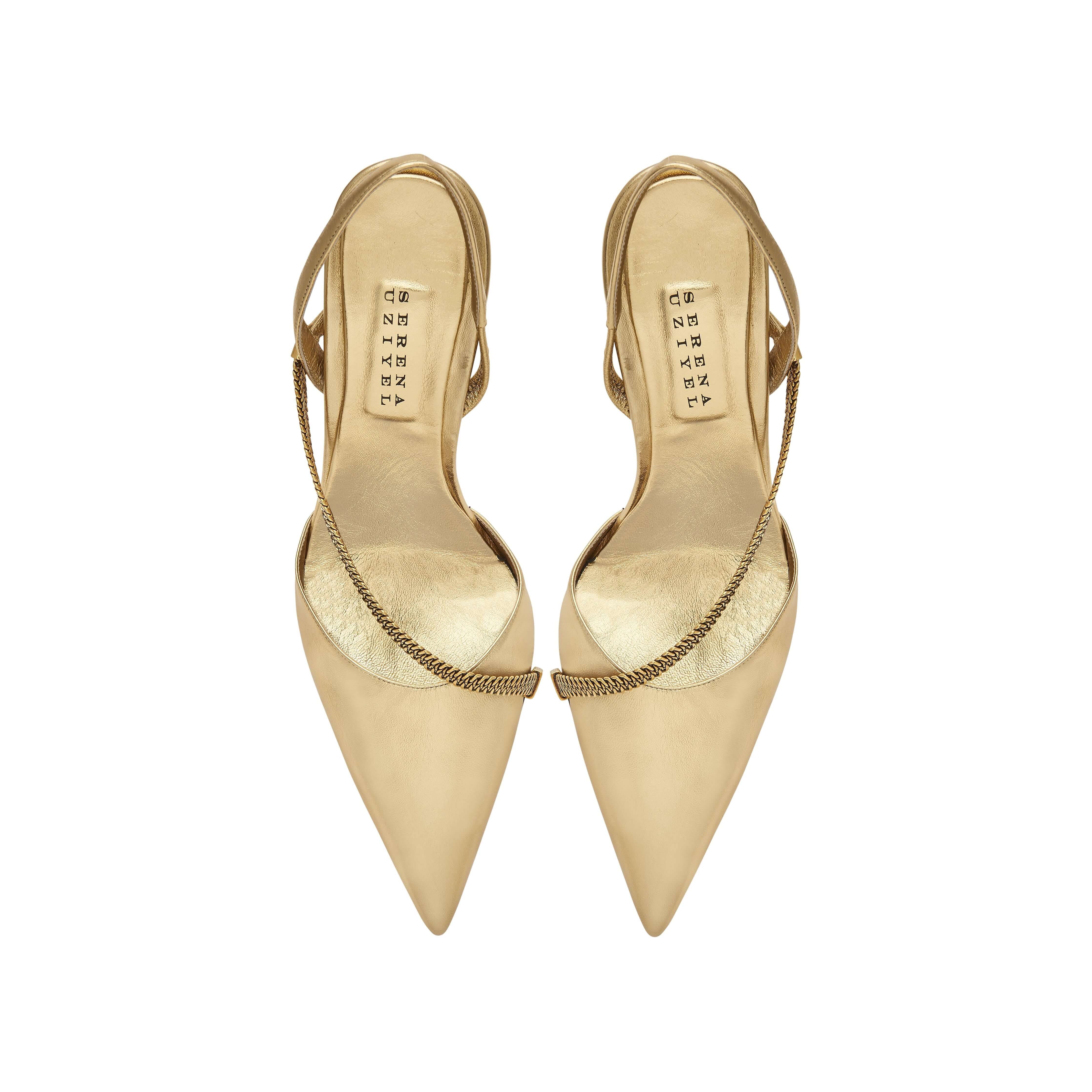 Sienna Gold High-Heel Slingback Pump with chainlink embellishment, perfect for evening wear and elegant occasions.