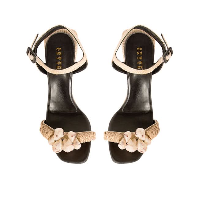 Taurea Natural Wedge Ankle Sandal with raffia, stone accents and braided jute rope for summer elegance.