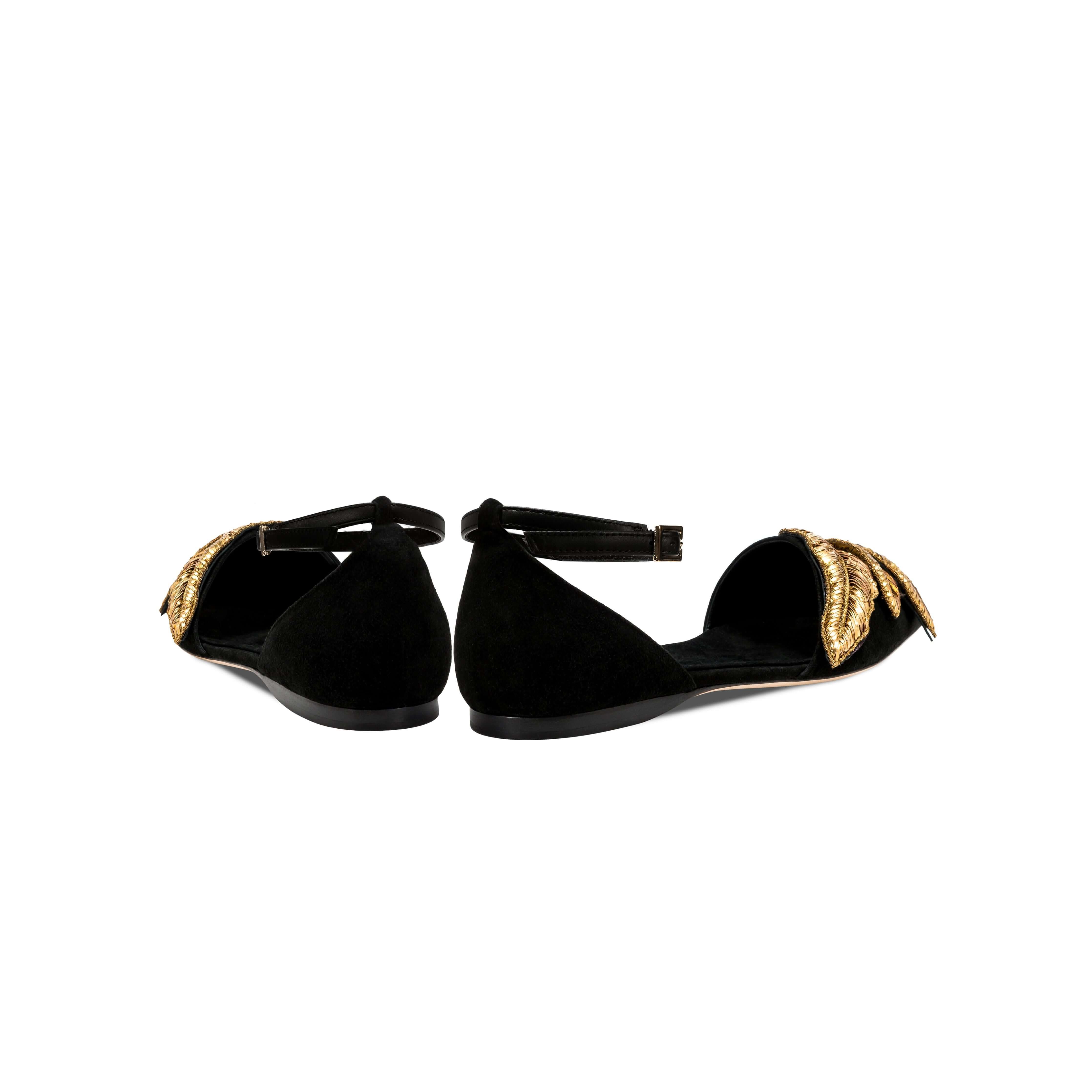 Valeria Black Flat Ankle Ballerina with elegant gold embellishments and comfortable suede design, showcasing sophistication.